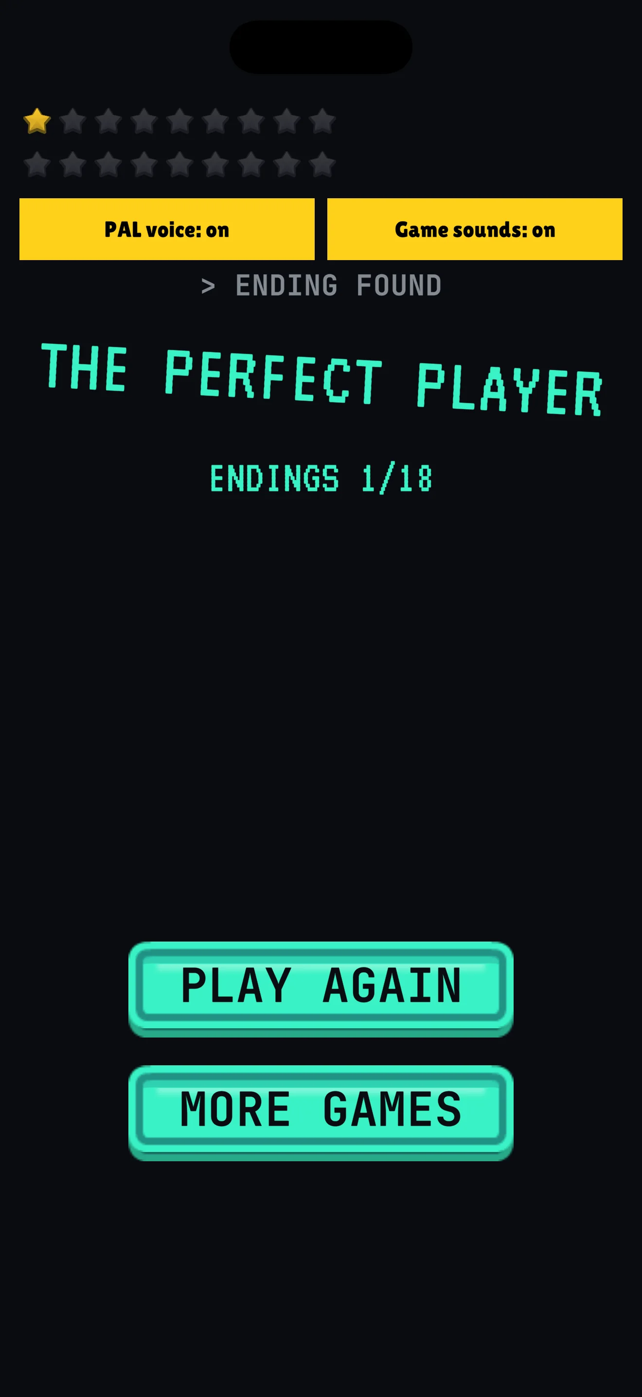Are You Still There?: the ending card for The Perfect Player, with 1 of 18 endings found.