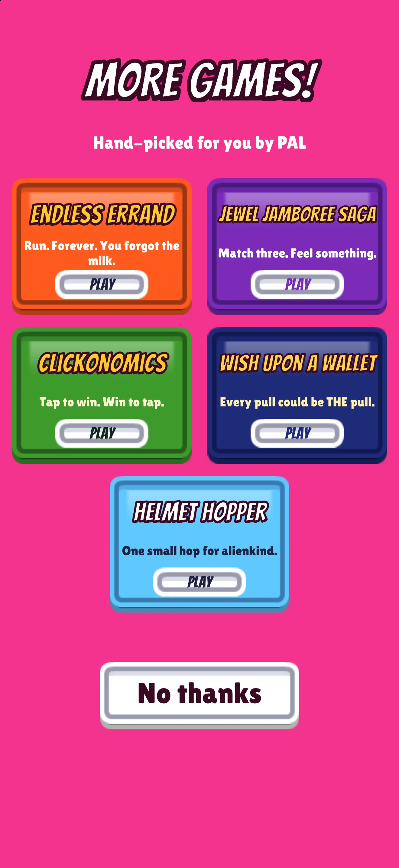 Are You Still There?: the More Games screen, with five fake games to go back to.