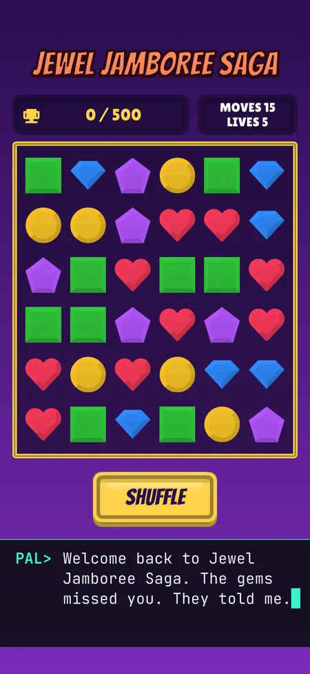 Are You Still There? screenshot: A fake match-3 game, Jewel Jamboree Saga, with PAL commenting