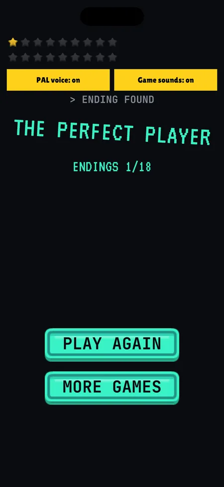 Are You Still There? screenshot: An ending card: The Perfect Player, ending 1 of 18