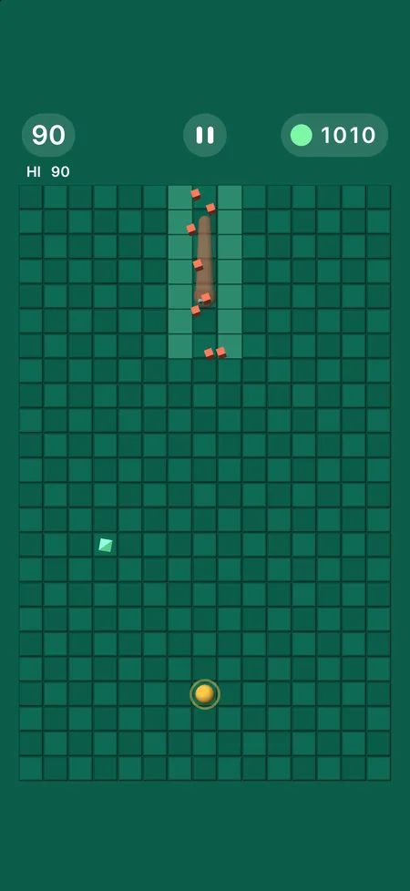 Outsnake: Bait the Snake screenshot: The snake crashing into a wall: a burst of debris and a bonus of 90