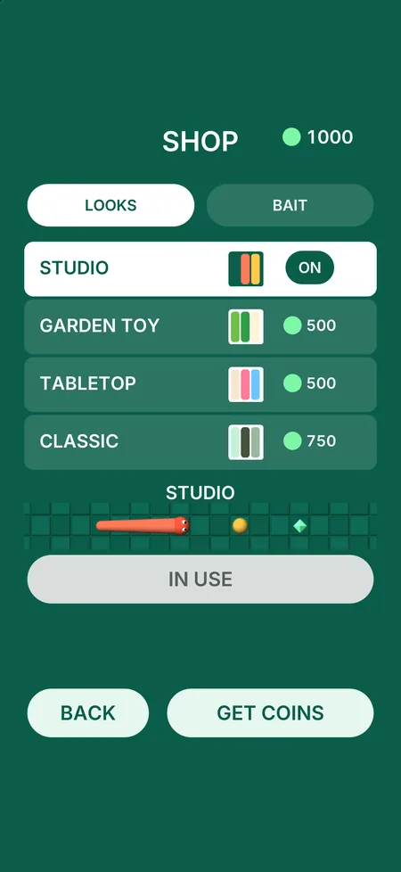 Outsnake: Bait the Snake screenshot: The shop's Looks tab: Studio, Garden Toy, Tabletop, and Classic