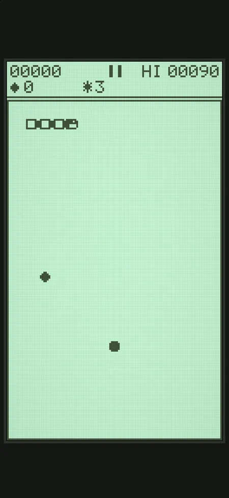 Outsnake: Bait the Snake screenshot: The Classic look: a green pixel LCD screen with a blocky snake
