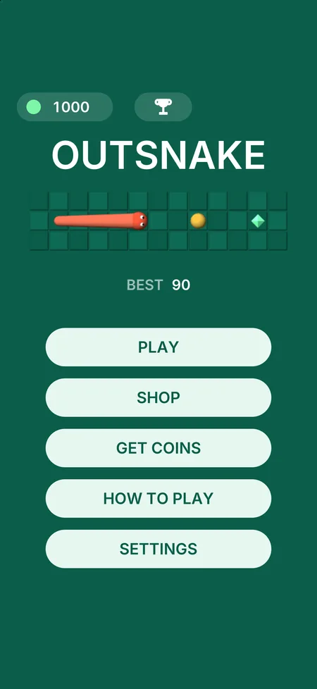Outsnake: Bait the Snake screenshot: The Outsnake home screen: Play, Shop, Get Coins, How to Play, and Settings