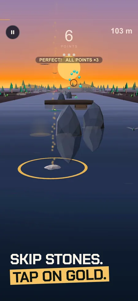 Skim screenshot with caption: a stone skipping on a mountain lake