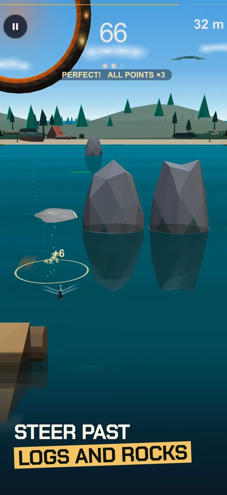 Skim screenshot with caption: steering a stone between rocks
