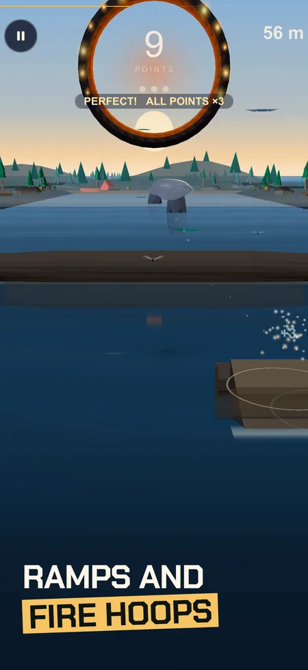 Skim screenshot with caption: a stone flying toward a flaming hoop