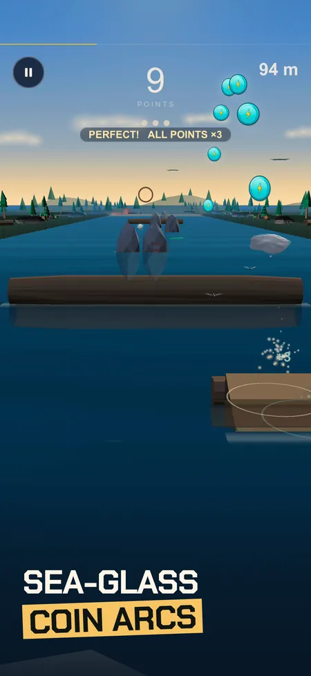 Skim screenshot with caption: sea glass skipping toward a bell buoy