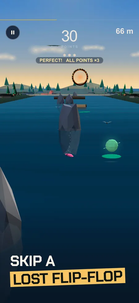 Skim screenshot with caption: a flip-flop skipping over the lake