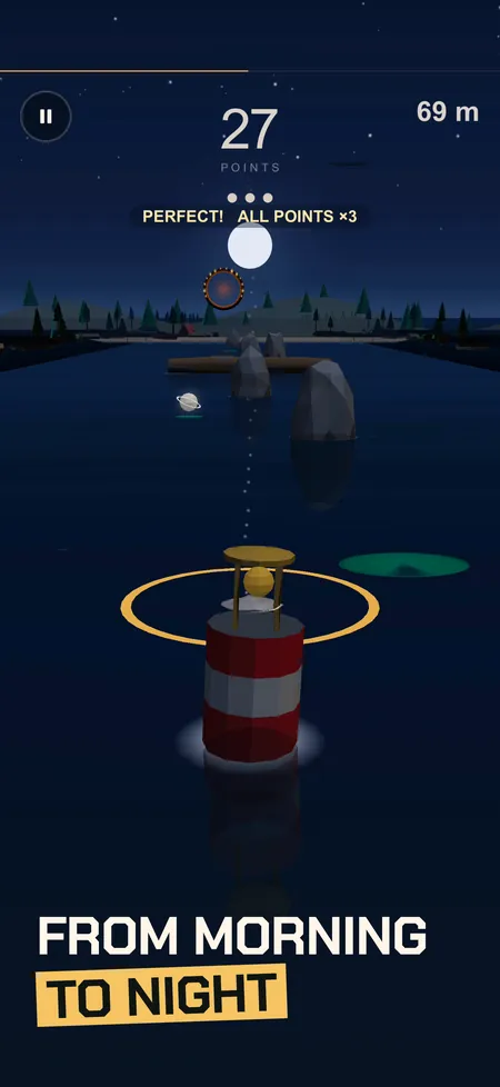 Skim screenshot with caption: a bell buoy on the lake at night