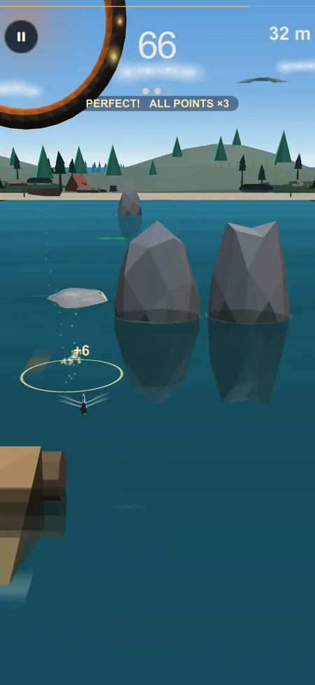 Skim gameplay, no caption: steering a stone between two rocks