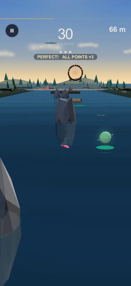 Skim gameplay, no caption: a flip-flop skipping over the lake