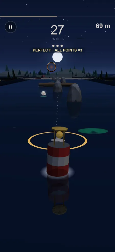 Skim gameplay, no caption: a bell buoy on the lake at night