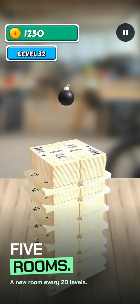 Sliceball screenshot with caption: five rooms, a bomb over notepaper in the office