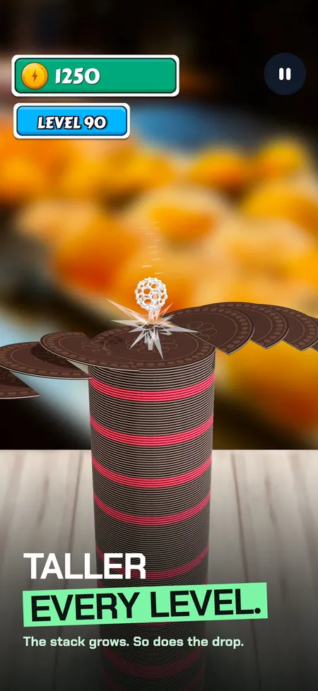 Sliceball screenshot with caption: taller every level, a buckyball on poker chips in the bakery