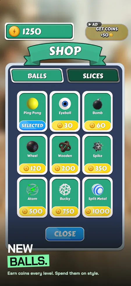 Sliceball shop, Balls tab, with caption: new balls