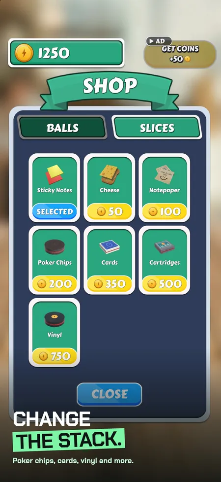 Sliceball shop, Slices tab, with caption: change the stack