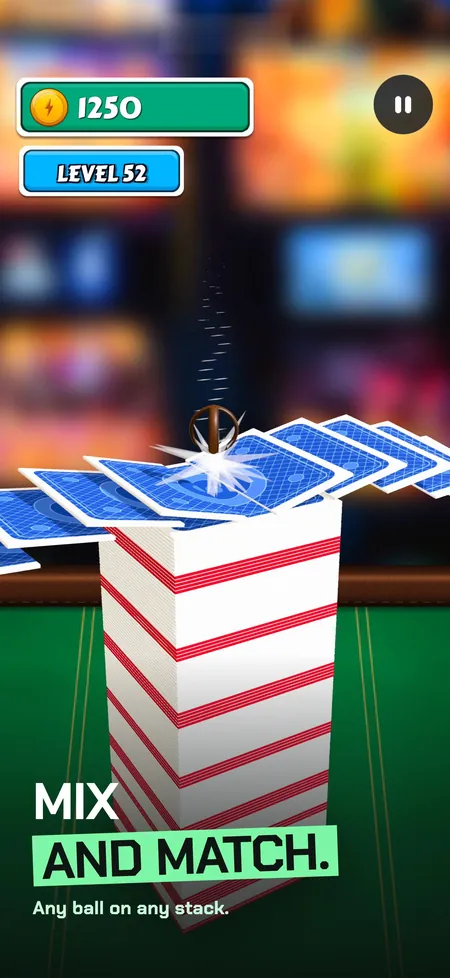 Sliceball screenshot with caption: mix and match, a wooden ball on cards in the game room