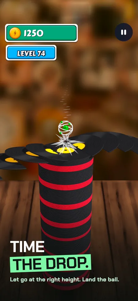Sliceball screenshot with caption: time the drop, an atom ball on vinyl in the record shop