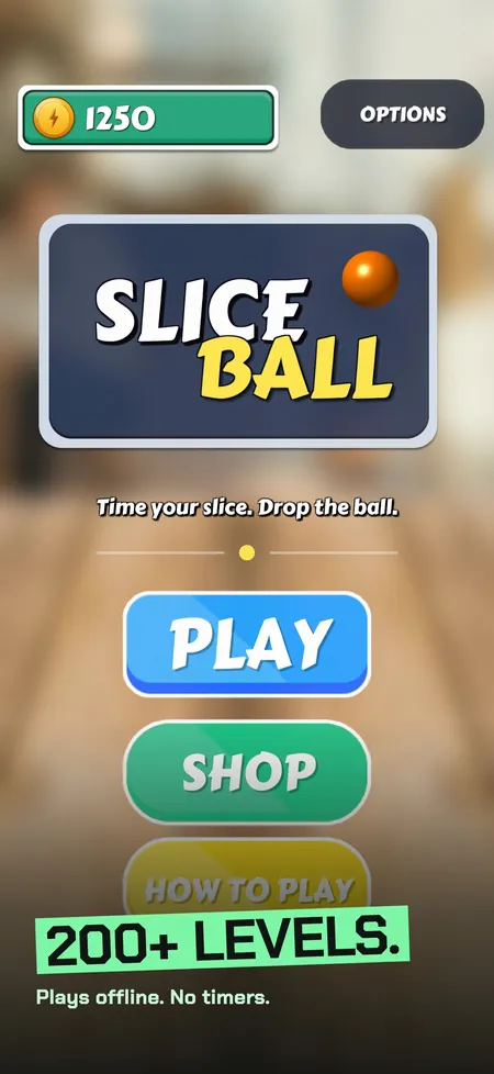 Sliceball main menu with caption: 200+ levels