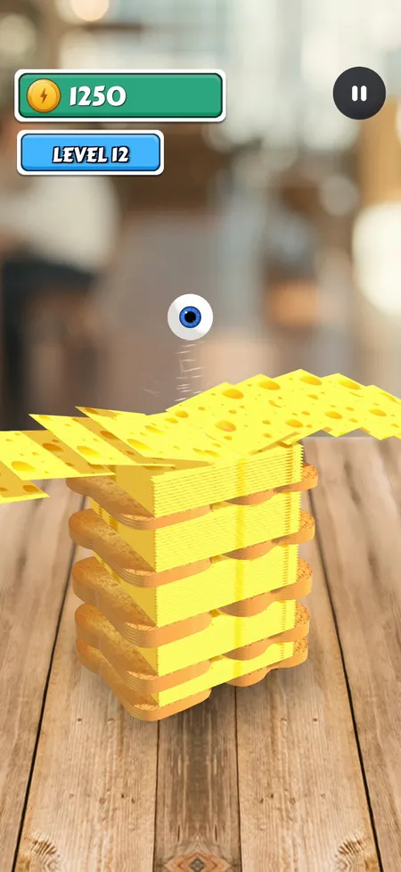 Sliceball gameplay, no caption: an eyeball slicing cheese in the café, level 12