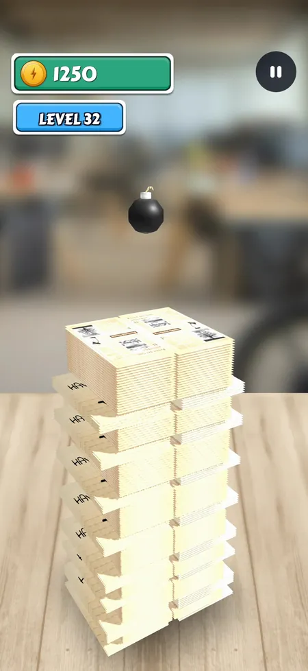 Sliceball gameplay, no caption: a bomb over notepaper in the office, level 32