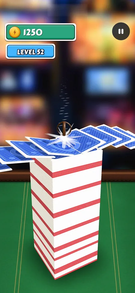 Sliceball gameplay, no caption: a wooden ball slicing cards in the game room, level 52