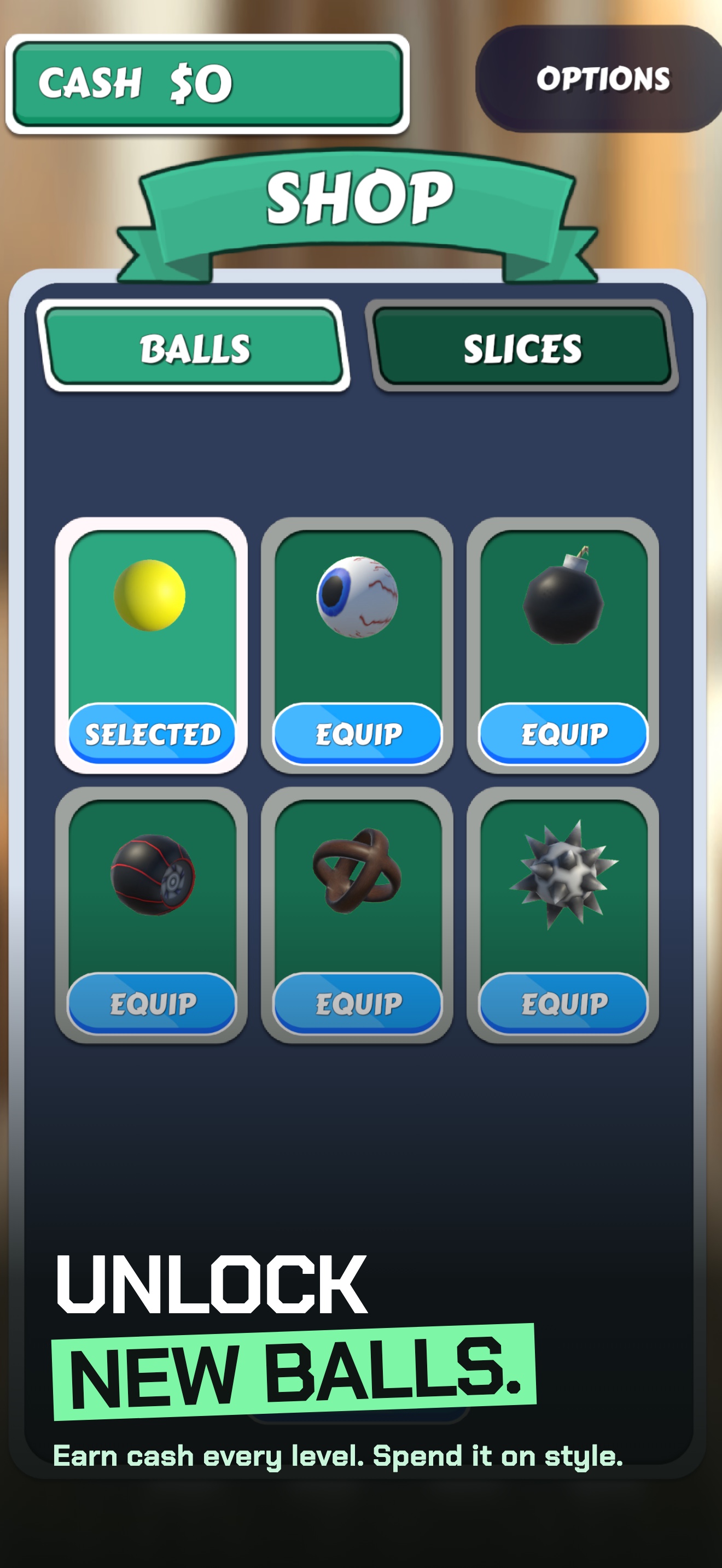 Sliceball shop, balls tab, with caption: unlock new balls