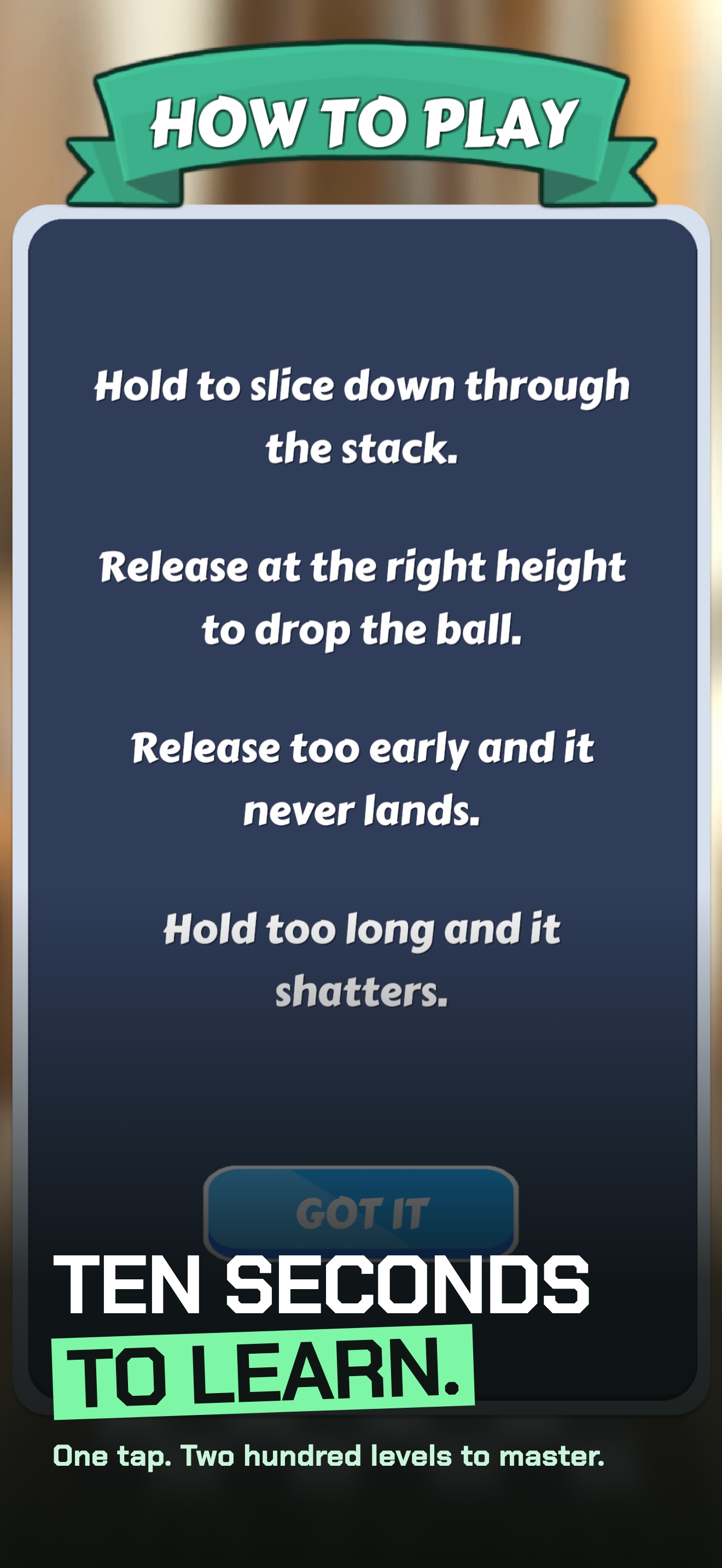 Sliceball how-to-play screen with caption: ten seconds to learn