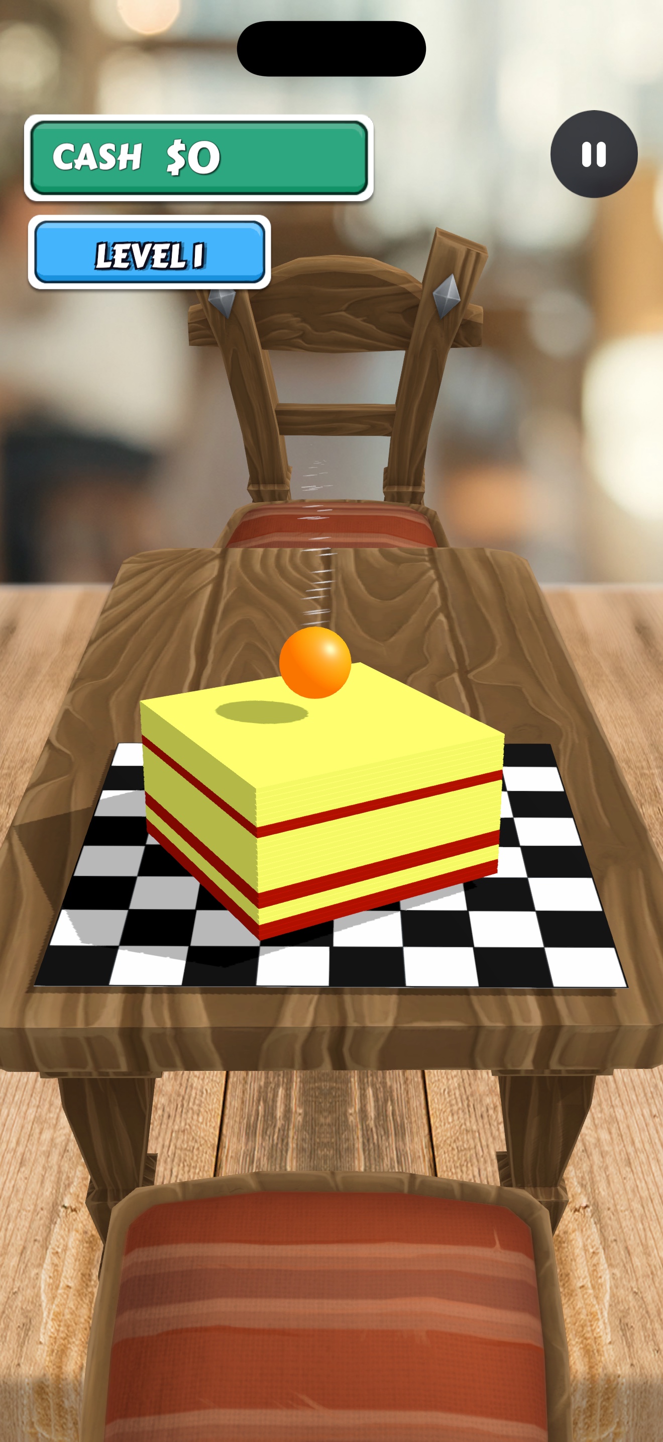 Sliceball gameplay, no caption: the ball above a yellow and red stack