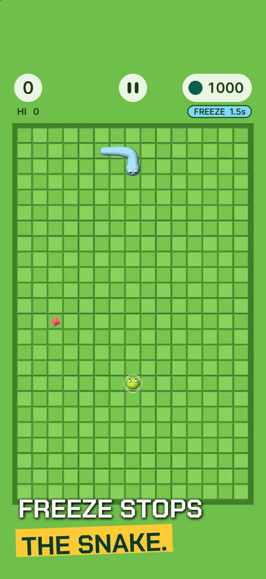 Caption: FREEZE STOPS THE SNAKE. A Freeze power-up taken: the snake turns pale blue and a FREEZE timer counts down.