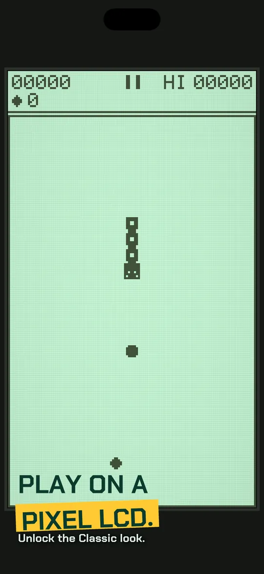 Caption: PLAY ON A PIXEL LCD. Unlock the Classic look: a green pixel LCD screen with a blocky snake.
