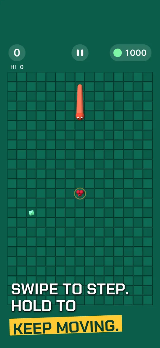 Caption: SWIPE TO STEP. HOLD TO KEEP MOVING. A snake chasing the bait across the board.