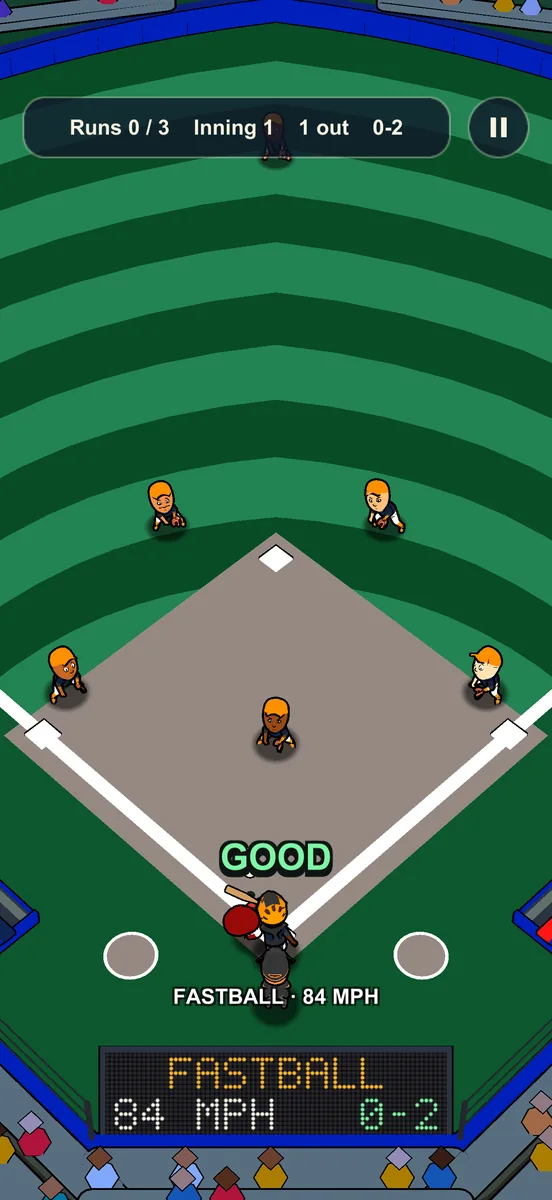 Thumb Slugger: a Fastball at 84 mph, with Good on screen after the swing.