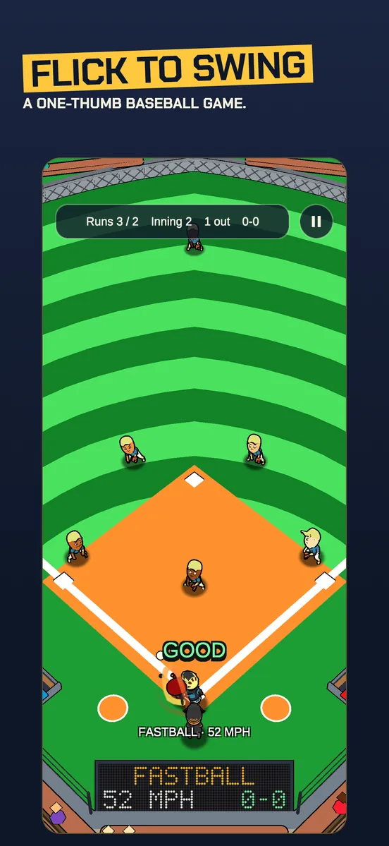 Thumb Slugger: a swing on the Sandlot field. The caption reads Flick to swing. A one-thumb baseball game.