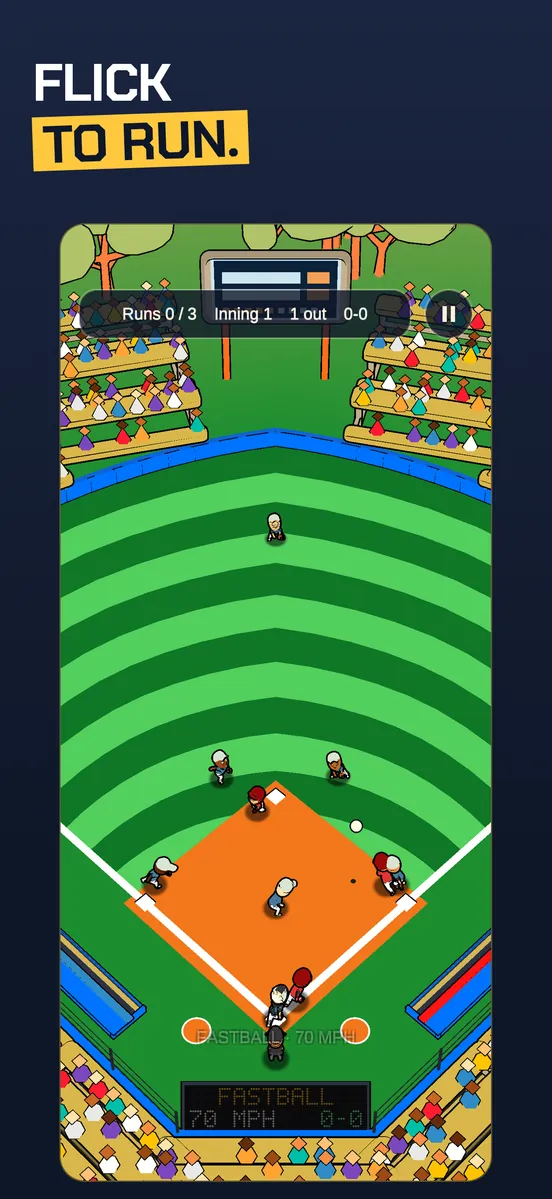 Thumb Slugger: runners on the bases. The caption reads Flick fast to run. Tap a runner to send them back.