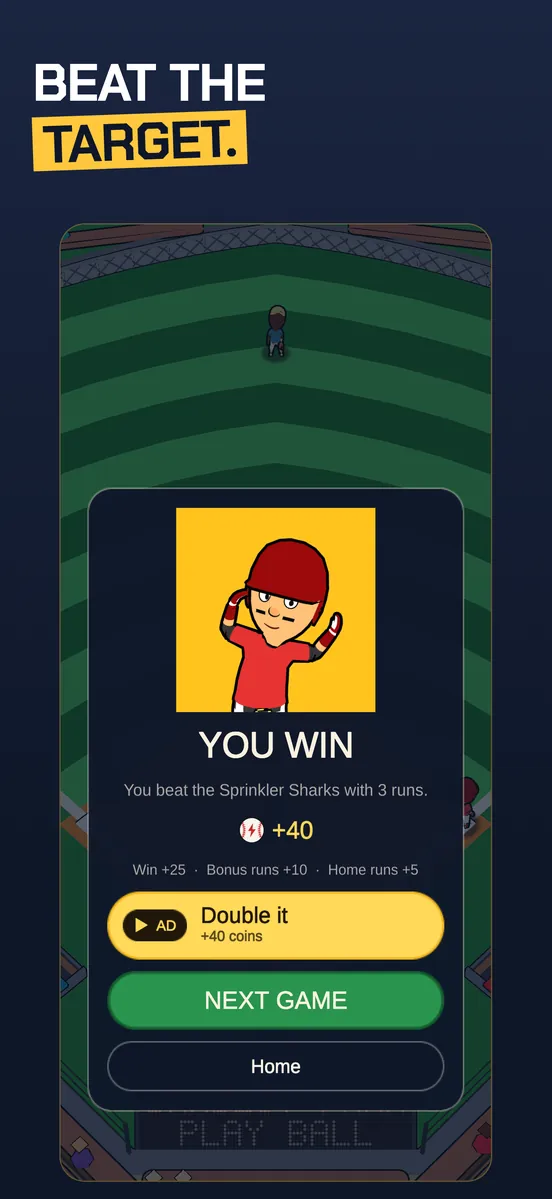Thumb Slugger: the matchup against The Treehouse Tornadoes, with a target of 2 runs in 3 innings and a Play Ball button.