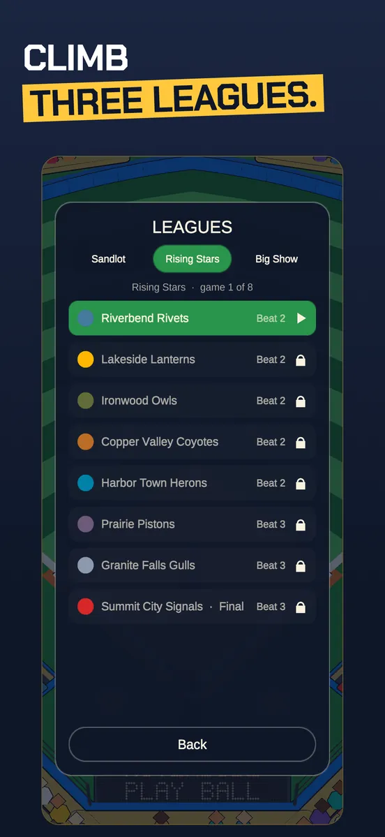 Thumb Slugger: the Leagues screen, with Sandlot, Rising Stars, and Big Show.