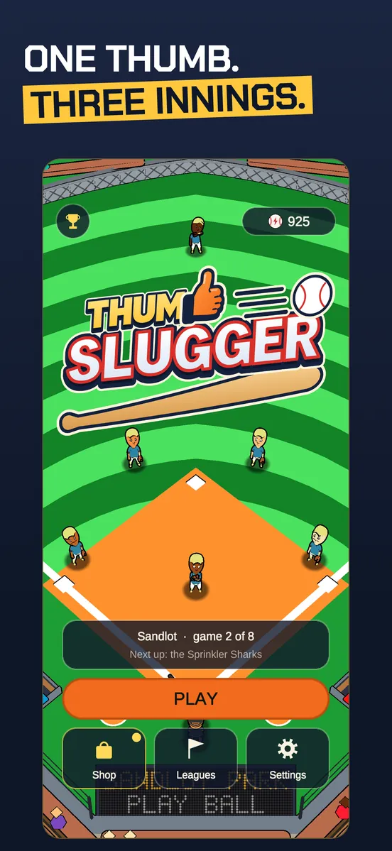 Thumb Slugger: the home screen, with Play, the coin count, and the trophy button.
