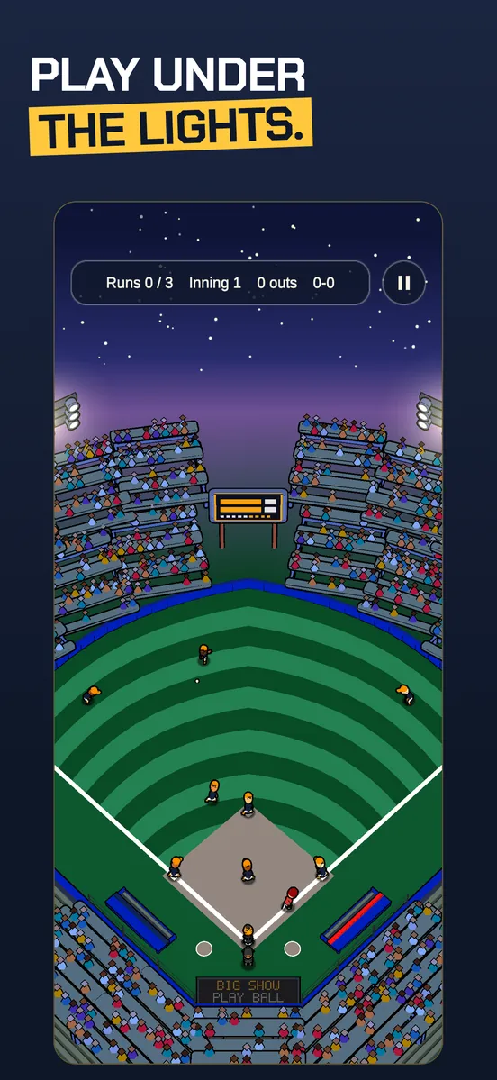Thumb Slugger: Big Show Stadium at night. The caption reads Three innings. Beat the target.